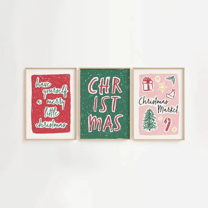 Christmas Canvas Wall Art Print Set Whimsical Holiday Home Decor