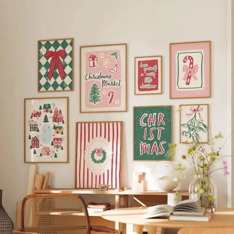 Christmas Canvas Wall Art Print Set Whimsical Holiday Home Decor