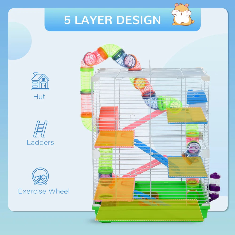 5-Tier Hamster Cage With Tunnels Wheel Water Bottle And Food Dish