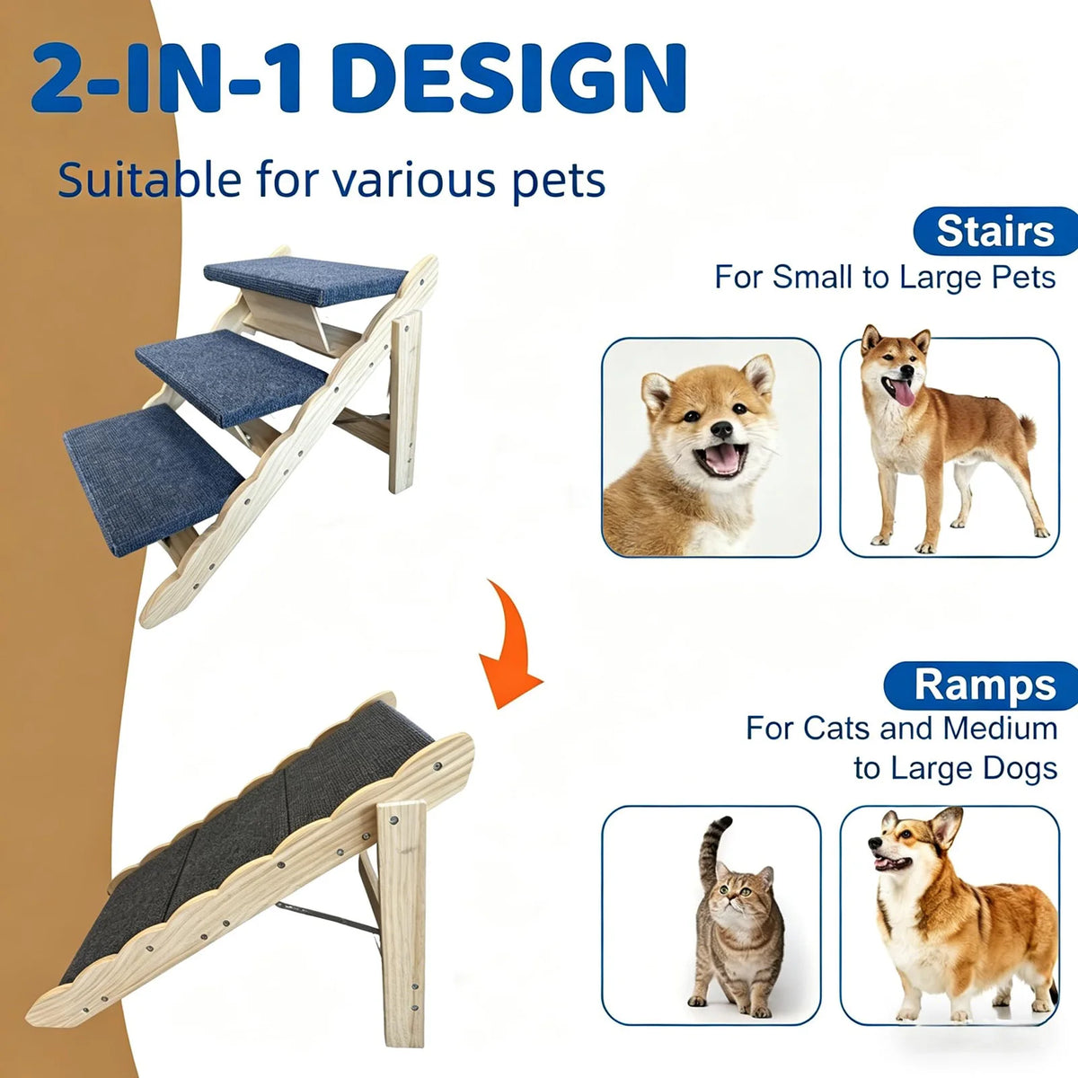 DishyKooker 2-In-1 Wooden Pet Stairs and Folding Ramp