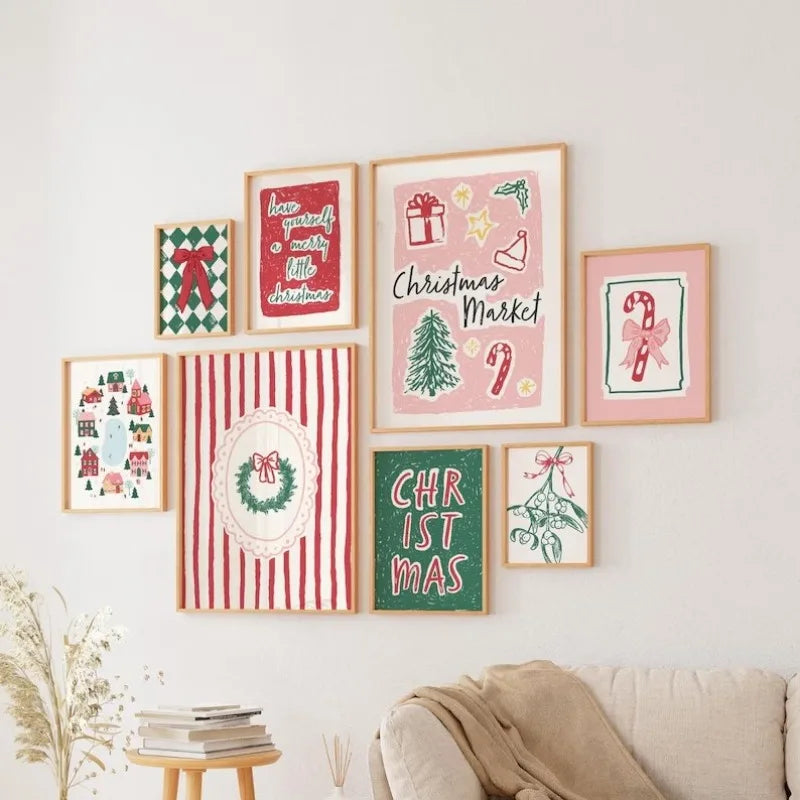 Christmas Canvas Wall Art Print Set Whimsical Holiday Home Decor